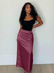 Alexandranx High Waist Solid Maxi Satin Skirt Burgundy Color Women Outfit - Burgundy - View 4