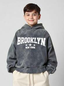 SHEIN 儿童男童休闲图案连帽衫，运动服，返校服，男童上衣，可爱上衣，基本款上衣，适合上学、度假、旅行、运动、秋冬