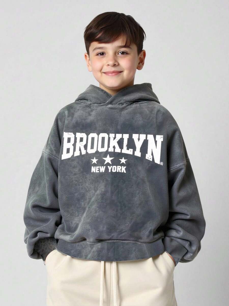 SHEIN 儿童男童休闲图案连帽衫，运动服，返校服，男童上衣，可爱上衣，基本款上衣，适合上学、度假、旅行、运动、秋冬