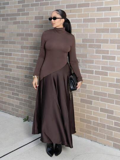 Melissa Matos 高档针织和编织拼布高领长袖连衣裙（咖啡色）