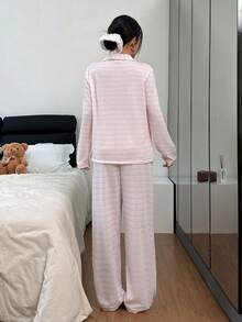 Dream Adore Striped Casual Long Sleeve & Pants Pajama Set, Autumn/Winter - Pink - View 4