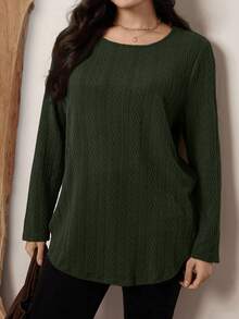 SHEIN LUNE Plus Size Casual Long Sleeve Textured Fabric T-Shirt With Curved Hem, Suitable For Autumn/Winter Holiday - Army Green - View 6
