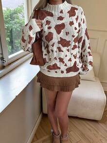 SHEIN EZwear New Fall Brown Sweater Women Clothes Old Money Autumn Women's Casual Stand Collar Milk Texture Sweater, Autumn/Winter Cow Print Sweater Brown Sweater Women Winter Sweater Fall Sweater,Leopard Print Top - Brown - View 3