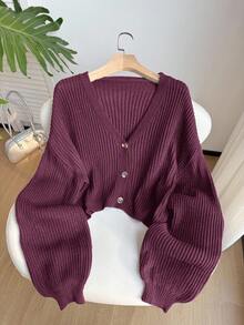 SHEIN EZwear Áo len chui đầu dài tay màu tím đỏ cỡ lớn - Màu đỏ tím - Xem 1