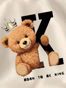 男童休闲简约卡通熊皇冠图案针织柔软连帽套头衫，厚款秋冬 - 杏色 - 查看 3