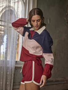Aralina 撞色长袖 Polo 衫和抽绳高腰短裤两件套休闲家居服 - 彩色 - 查看 5