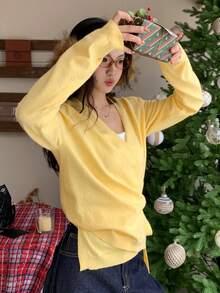 DAZY Women's Loose Business Casual Elegant Yellow Tie-Up Drawstring Oblique Placket Design Knit Cardigan, Suitable For Autumn, Winter, New Year, Christmas - Yellow - View 2