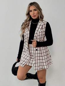 EMERY ROSE Conjunto de 2 piezas para mujer talla grande con chaleco de patrón a cuadros + falda línea A, elegante para el uso diario - Marrón - Ver 3