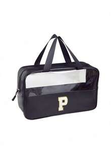 1PC Transparent Letter Toiletry Bag,Fashionable New Square Solid Color Makeup Bag With Embroidery Letters Summer Travel, Vacation Home Bathroom Decor Holiday Makeup Organizer Bathroom Accessories Back To School - Black - View 36