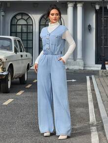 SHEIN Tall 女士V领纽扣半开襟休闲阔腿牛仔连体裤 - 藍色 - 查看 6