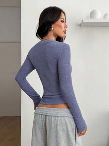 Coolane 女式秋冬街头服饰文艺复兴博览会基本款罗纹针织保暖/寒冷天气/保暖弹力长袖 V 领 T 恤 - 藍色 - 查看 7