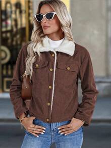 SHEIN LUNE Áo khoác nhung lót nhiệt thời trang thu đông cho nữ - Rỉ Nâu - Xem 4