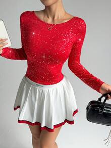 Dewbera Women's Fashionable & Elegant Fitness Running Backless Pleated Shiny Polka Dot Long Sleeve Slim Fit Yoga Workout Top