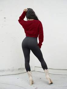 SAYEHFBABY 女士圆领长袖套头毛衣、长袖上衣 - 酒紅色 - 查看 2