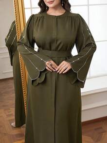 Al Najma 大码女式圆领水钻喇叭袖优雅阿拉伯风格连衣裙 - 軍綠色 - 查看 2