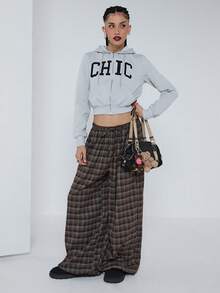 COUREZ Baggy Balloon Check Trousers With Cuffed Hem /Y2K Fall Winter Clothes For Women Going Out Outfits Sexy 2 Piece Outfits - Multicolor - View 7