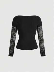ROMWE Grunge Punk Women's Y2K Grunge Cross Print Lace Patchwork Long Sleeve T-Shirt - White - View 2