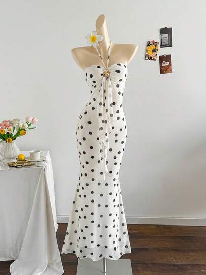 Soleia Vestido de fiesta ajustado con cuello halter, lazo y hebilla metálica, de estilo romántico en degradado de malla de punto para vacaciones, sexy y elegante para fiestas, citas, té de la tarde