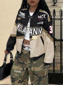 Rovax Contrast Color Patchwork Letter Print Loose Drop Shoulder Baseball Jacket - Multicolor - View 3