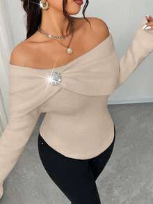 Elenzga Women's Elegant Daily Off-Shoulder Solid Color Shawl Collar Long Sleeve Metal Rhinestone Decor Ruched Fitted Short Plus Size Knit Sweater, Autumn - Khaki - View 6