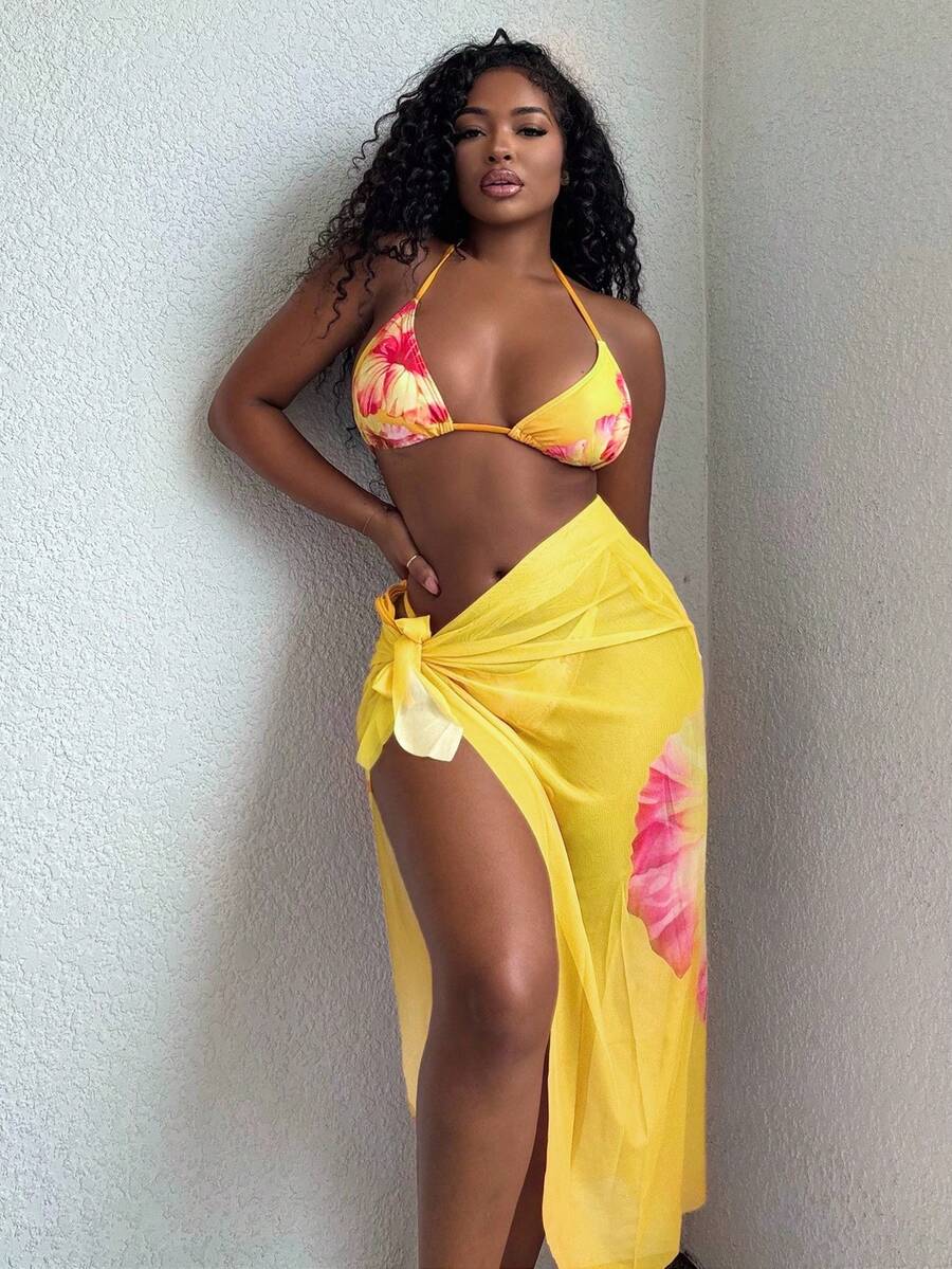 Alexandranx 3 件套女士夏季海滩度假休闲风格 3D 花卉印花比基尼套装，带网眼扭纹海滨连衣裙，波西米亚风格泳装 - 黃色 - 查看 1