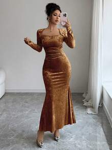 Elenzga Váy ôm body co giãn nhung vàng cổ lọ thời trang thu đông cho nữ, váy midi nhún eo thanh lịch viền đuôi cá cho đi làm và những dịp trang trọng - màu nâu - Xem 7