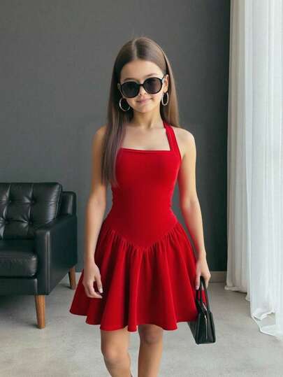 Firerie Kids Vestido de niña preadolescente con cuello de halter y cintura de terciopelo, elegante para fiestas y ceremonias festivas