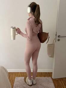 CovetEZ 女士粉色针织背心和阔腿紧身裤运动套装 - 藕粉色 - 查看 2