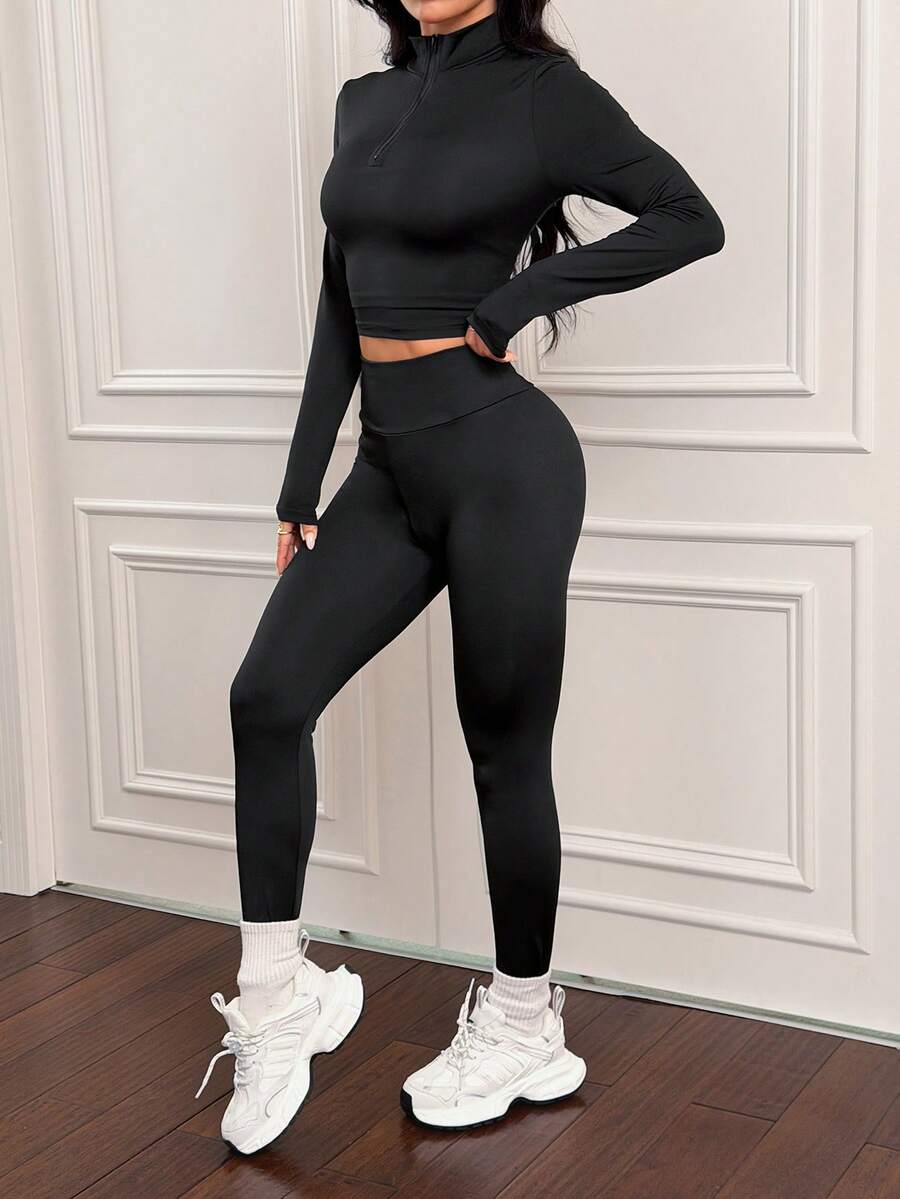 SHEIN PETITE 女士运动套装三件套,罗纹高领半拉链长袖T恤,运动文胸吊带背心,高腰紧身裤,女士运动套装,黑色紧身裤,黑色束身胸衣,背带裤 - 黑色 - 查看 1