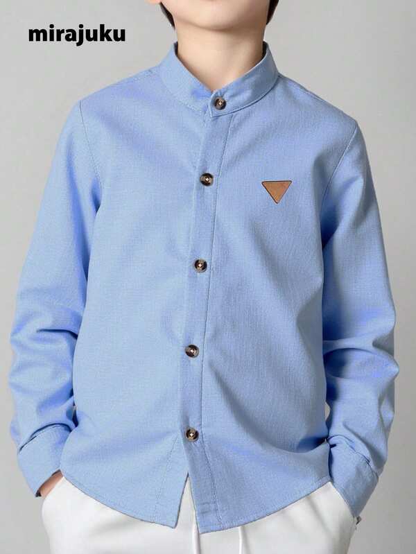 SHEIN Tween Boy Casual Everyday Commute Minimalist Solid Color Stand Collar Single-Breasted Shirt, Spring/Autumn Fall Winter
