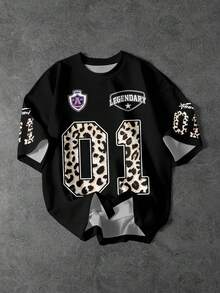 Attitoon 女士 Y2K 街头风圆领针织 T 恤 – No.01 豹纹字母印花复古西部风节日可爱软妹干净女孩 Genz 返校夏季骑行瑜伽运动休闲家居春夏穿搭 - 黑色 - 查看 5