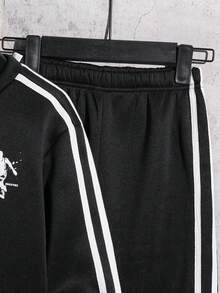 SHEIN 2pcs/Set Kids Tween Boy Casual Sports Patchwork Long Sleeve Crew Neck Sweatshirt And Pants Knit Tracksuit Set, Suitable For Commuting, School, Daily Casual, Travel, Sports, Spring/Summer/Autumn/Winter, Fleece, Thickened - Black - View 7