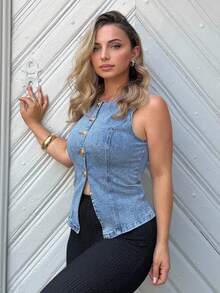 Jeta Ari Women's Summer Casual Front Button Sleeveless Denim Blouse - Light Wash - View 5