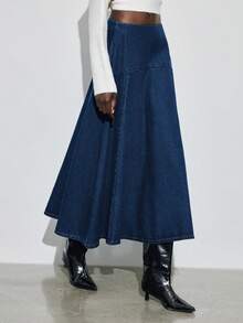 Maija French-Style Elegant Denim Midi Skirt, Autumn/Winter Midi Skirt, Mid-Waisted A-Line Skirt,Elegant Winter Outfits