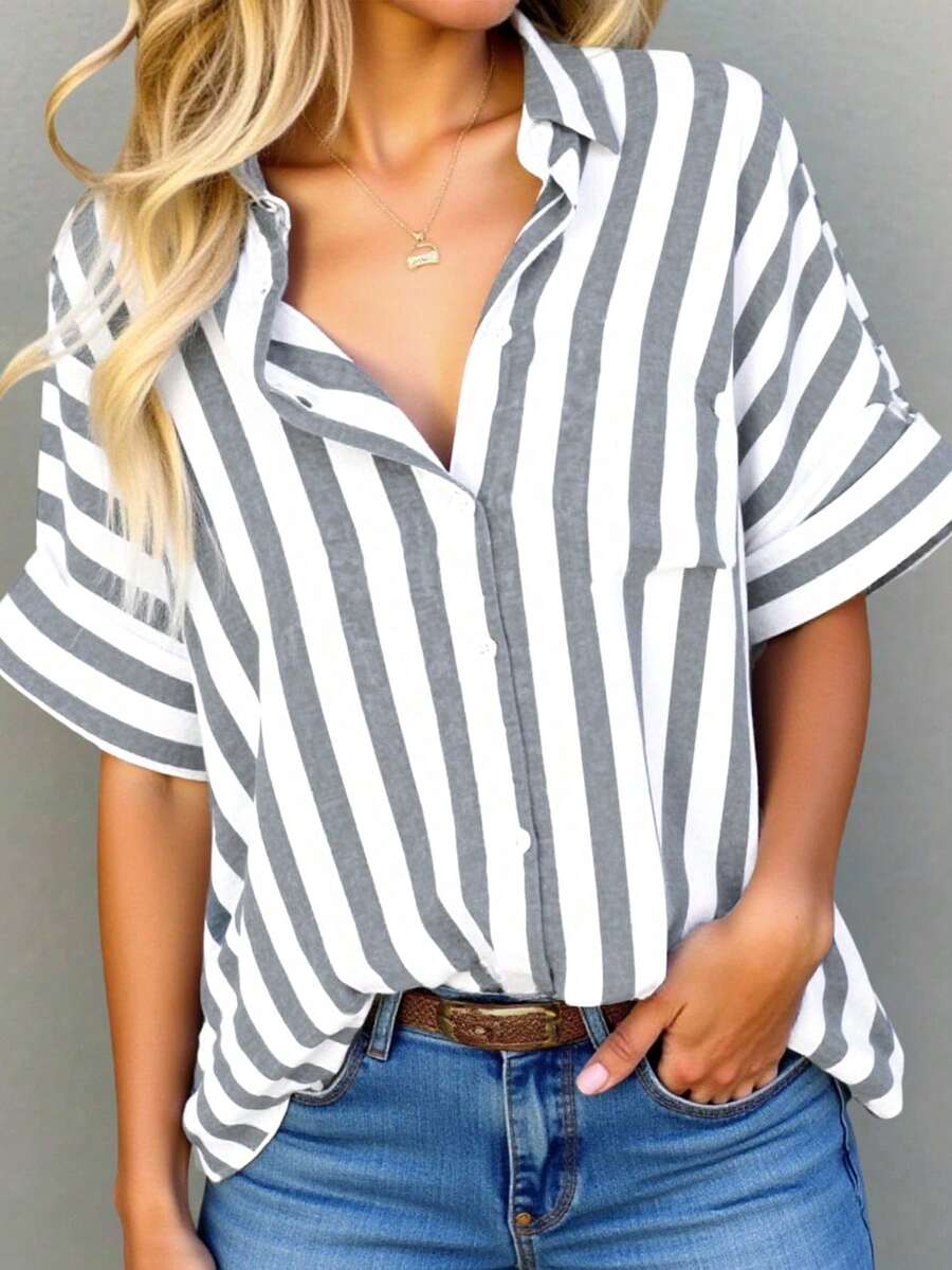 Calvaya Women's Striped Bat-Wing Short Sleeve Casual Single-Breasted Loose Blouse