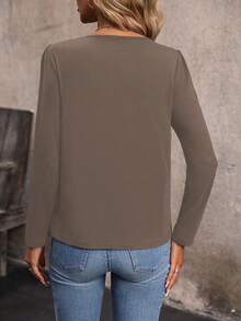 SHEIN LUNE 女士休闲纯色圆领长袖T恤，秋季款 - 鏽棕色 - 查看 2