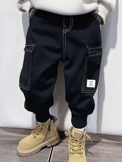 SHEIN Tween Boy 休闲多口袋撞色缝线字母图案罗纹袖口工装裤，适合秋季/春季、户外玩耍、学校、街头风格、派对和休闲