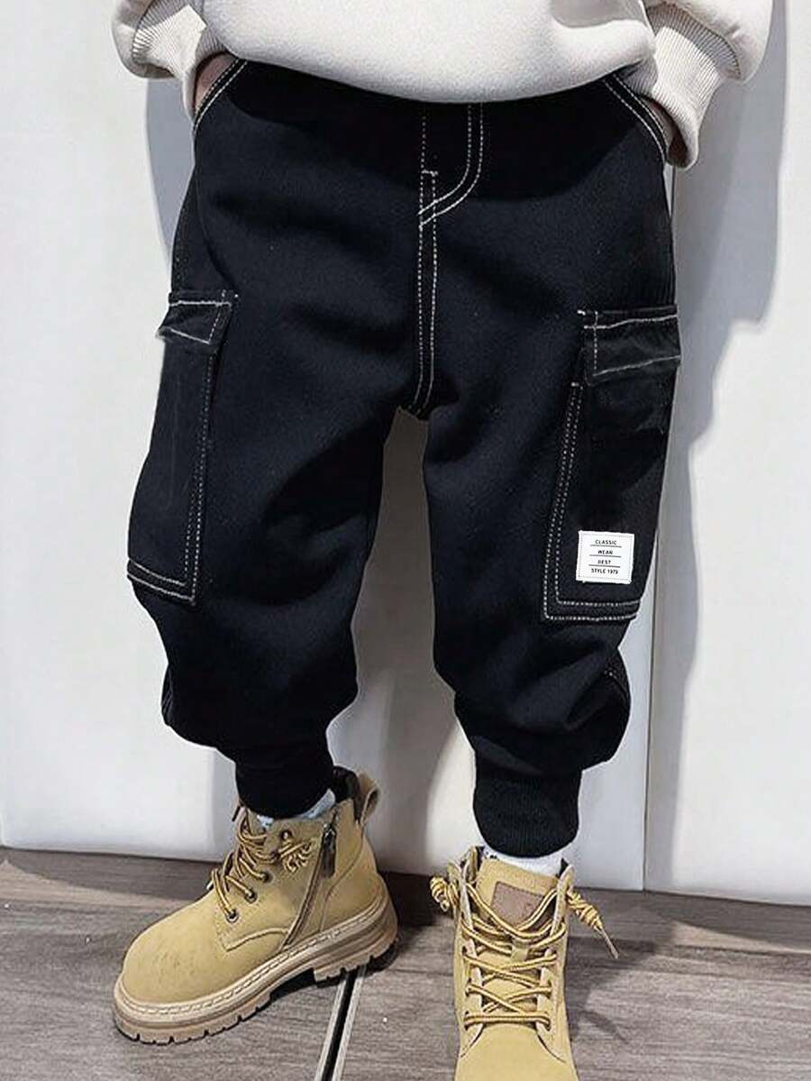 SHEIN Tween Boy 休闲多口袋撞色缝线字母图案罗纹袖口工装裤，适合秋季/春季、户外玩耍、学校、街头风格、派对和休闲