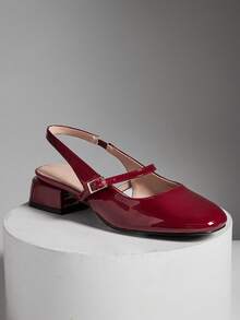 SHUZIA #巴黎风情 女士法式优雅方头粗跟漆皮酒红色露跟高跟鞋——简约别致，永恒优雅，充满女人味。 - 酒紅色 - 查看 4