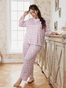 CottageSlumber 2件套加大码女式休闲碎花圆领条纹印花长袖上衣和裤子睡衣套装，冬季服装 - 白色 - 查看 4