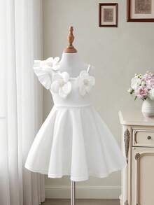 Sweetra Young Girls White Beaded Floral Decor Waist Flared A-Line Dress, Fashion Suitable For Birthday Party, Summer - White - View 3