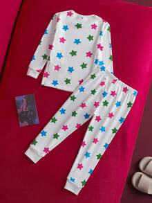 THE POWERPUFF GIRLS X SHEIN 女童卡通星形印花圆领长袖上衣和打底裤睡衣套装 - 白色 - 查看 3