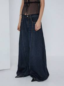 COUREZ Quần jeans ống rộng cạp thấp kiểu skater với đường may phía trước / Phong cách đường phố Y2K, quần jeans rộng thùng thình dễ thương cho mùa xuân và kỳ nghỉ. - Rửa tối - Xem 4