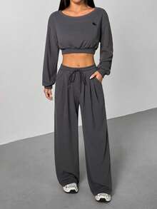 SHEIN PETITE Women's New Solid Color Crew Neck Drop Shoulder Long Sleeve Hoodie And Sweatpants Casual Loose Suit Grey Two Pieces Set ,Petite Women - Dark Grey - View 8