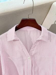 Franclia 女士休闲条纹前开襟纽扣口袋连衣裙，秋季款 - 淺粉色 - 查看 6