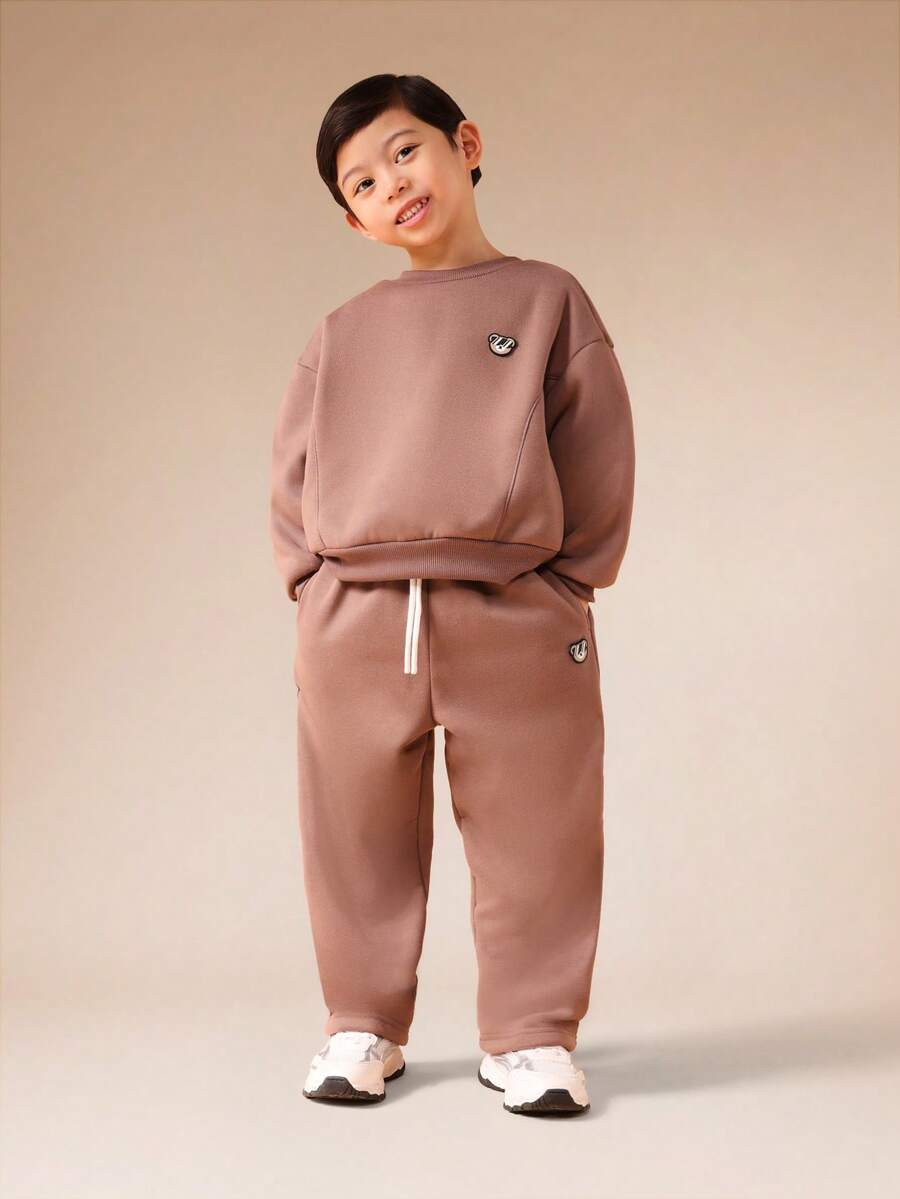 SUMWON 男童灰粉色圆领卫衣和运动裤套装，带小Logo细节 - 棕色 - 查看 1
