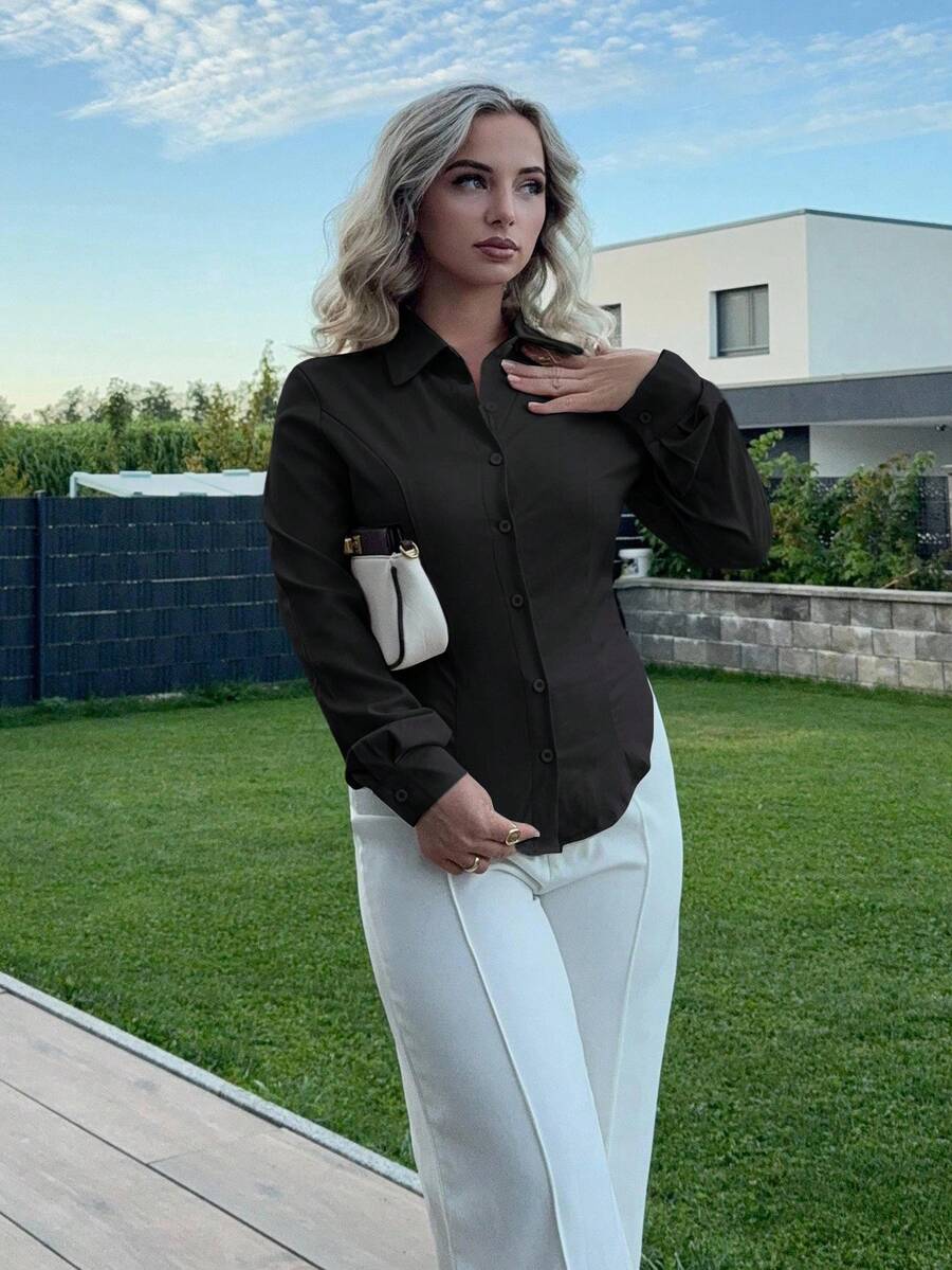 Jeta Ari Women's Casual Commuter Solid Color Fitted Shirt Fall Cloth For Women - Black - View 1