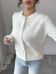 Chiquease Suéter de cárdigan elegante y romántico con perlas para mujer - Beis - Ver 6