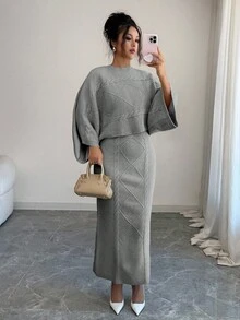 Selianne 黄色长袖上衣和直筒裙两件套，优雅大方，适合秋冬季参加派对或通勤穿着。 - 灰色 - 查看 3