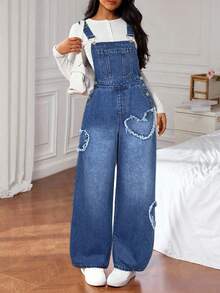 SHEIN Teen Girl Frayed Heart Denim Loose Fit Overalls - Dark Wash - View 6